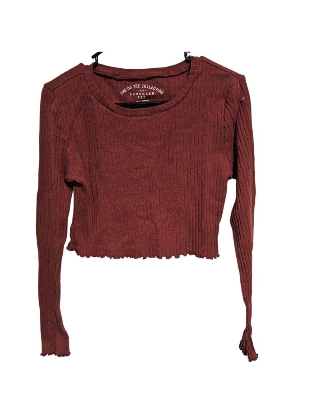 Brandy Melville Ribbed Crop Top Size Large Rust Brown Long Sleeve Shrunken Tee